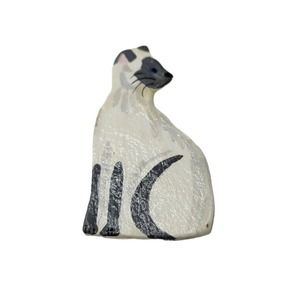 Vintage Hand Painted Wood White Gray Siamese Kitty Cat Kitten Signed Pin Brooch